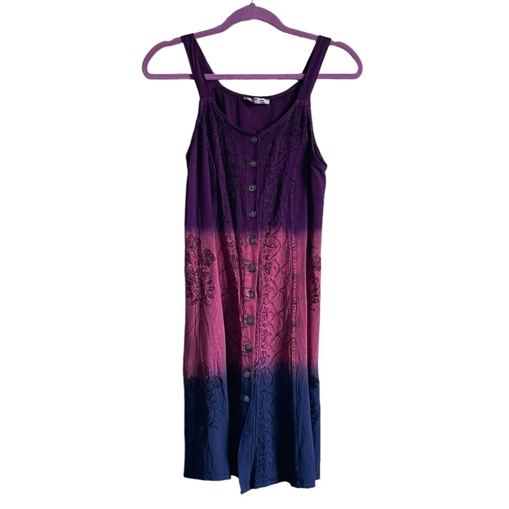 Lapogee Dress‎ Tie Dye Sleeveless Embroidered Button Front Tie Waist Womens Sz M